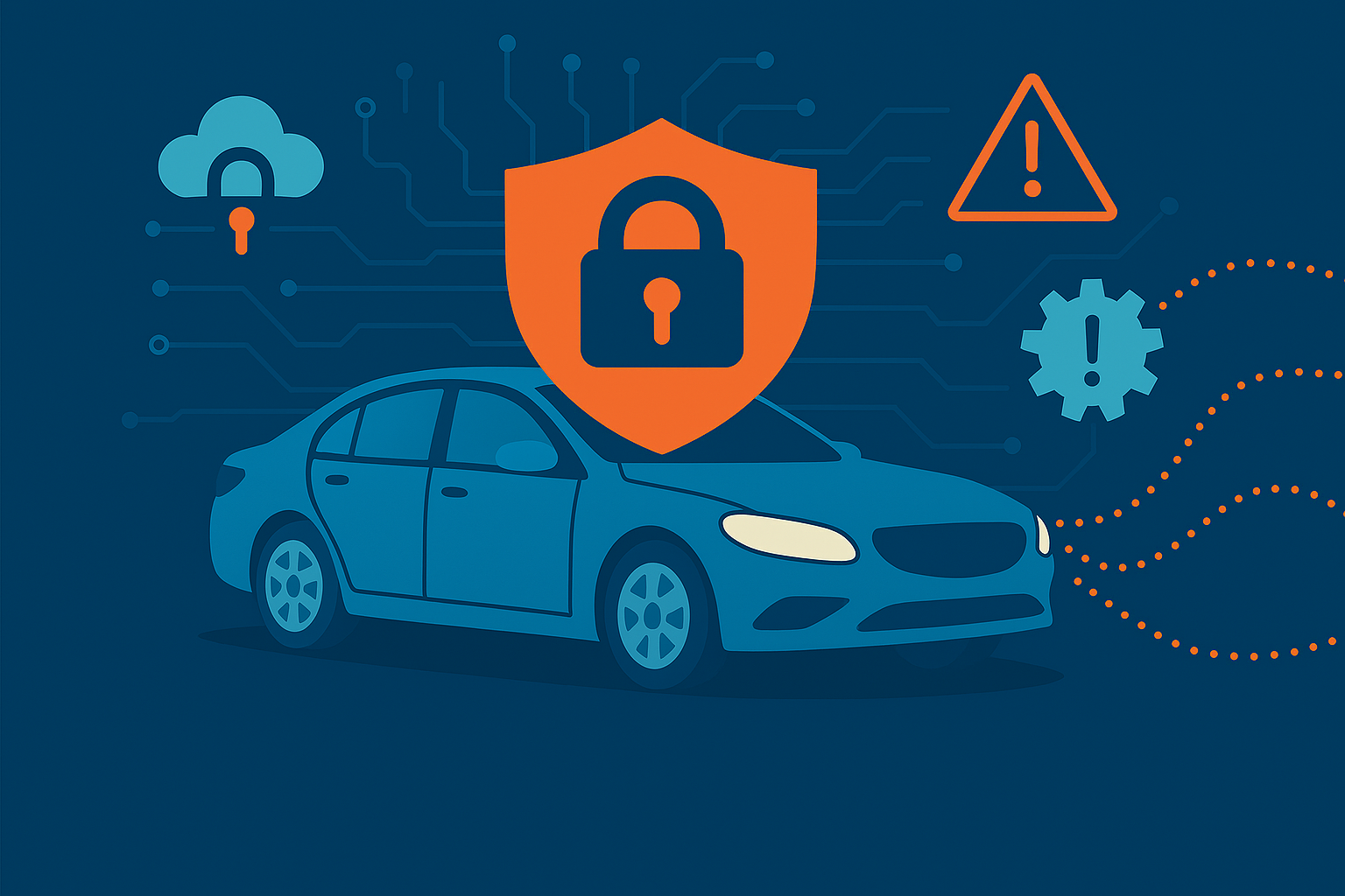 Ein stilisiertes Fahrzeug in der Mitte des Bildes ist von digitalen Symbolen umgeben, die verschiedene Cyberbedrohungen darstellen – darunter Funksignale, Netzwerkverbindungen und Steuergeräte. Linien und Icons zeigen schematisch potenzielle Angriffspfade auf das Fahrzeug. Die dominante Farbe ist ein tiefes Blau (#245883), ergänzt durch Akzente in Hellblau (#009ee0) und Orange (#ff6600), die sicherheitsrelevante Bereiche und Bedrohungen hervorheben. Das Bild enthält keine Schrift und ist im Querformat gestaltet.