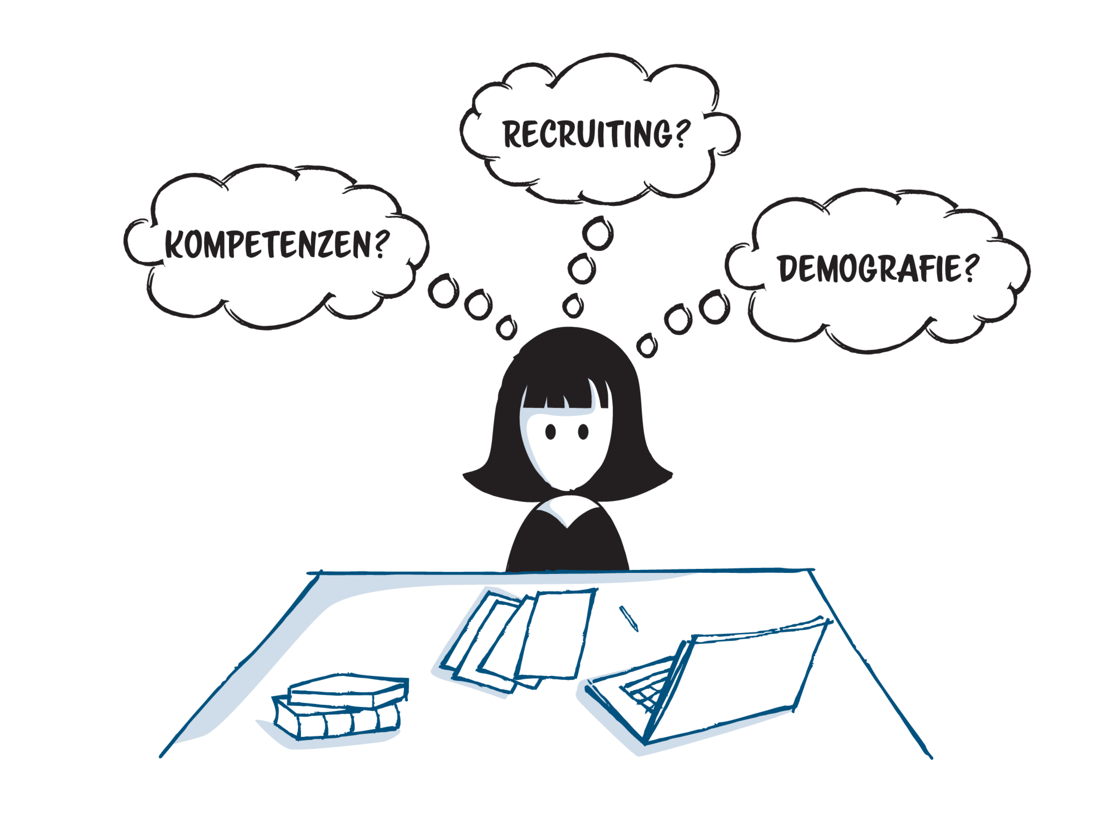Eine Person sitzt an einem Schreibtisch mit Büchern und Laptop. Über dem Kopf der Person befinden sich drei Gedankenblasen mit den Begriffen: ‚KOMPETENZEN?‘, ‚RECRUITING?‘ und ‚DEMOGRAFIE?‘