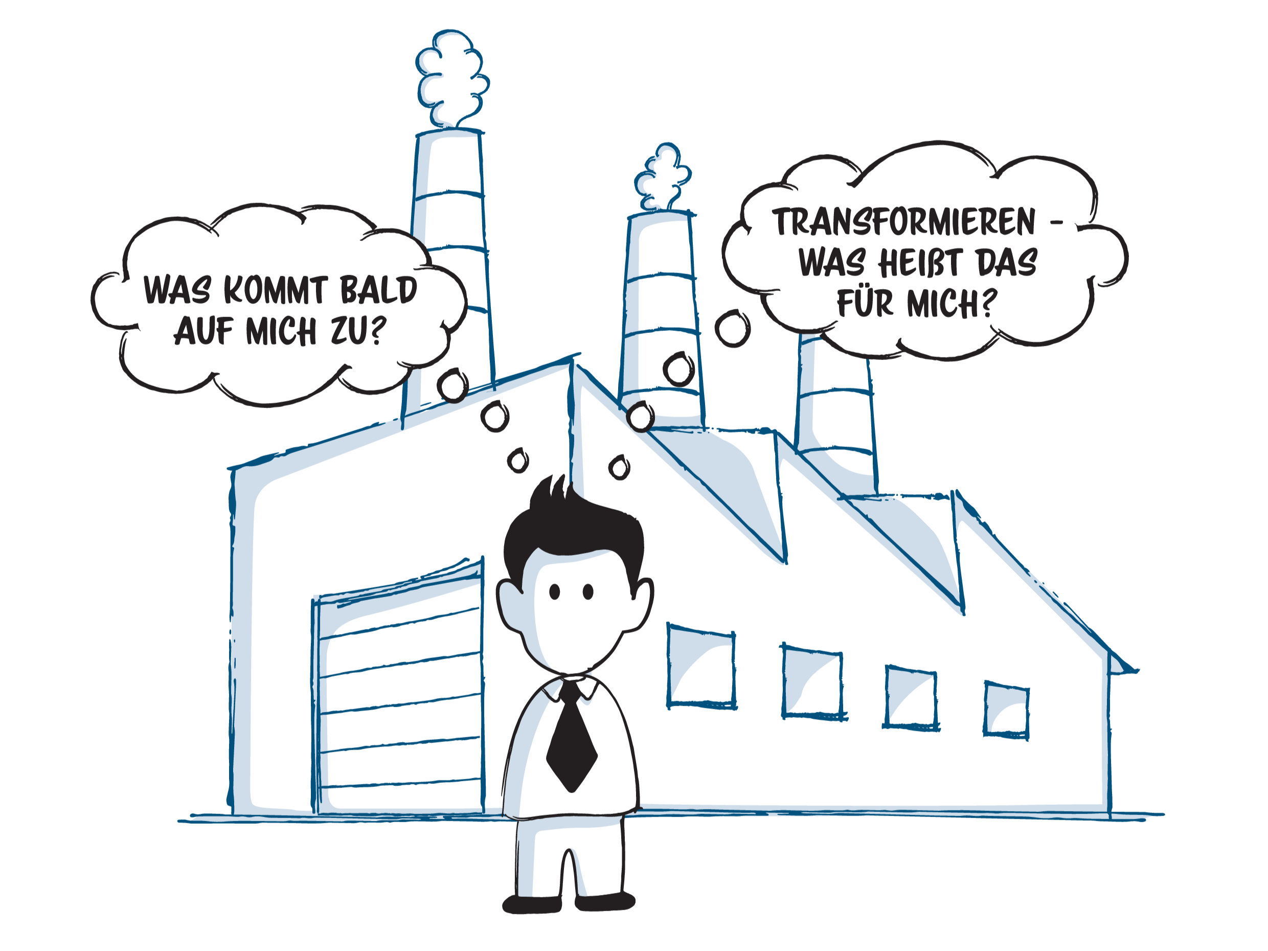 Illustration einer Fabrik mit drei Schornsteinen im Hintergrund. Im Vordergrund steht eine Person im Anzug mit Krawatte. Über dem Kopf der Person befinden sich zwei Sprechblasen: Links steht ‚WAS KOMMT BALD AUF MICH ZU?‘, rechts ‚TRANSFORMIEREN – WAS HEIßT DAS FÜR MICH?‘.