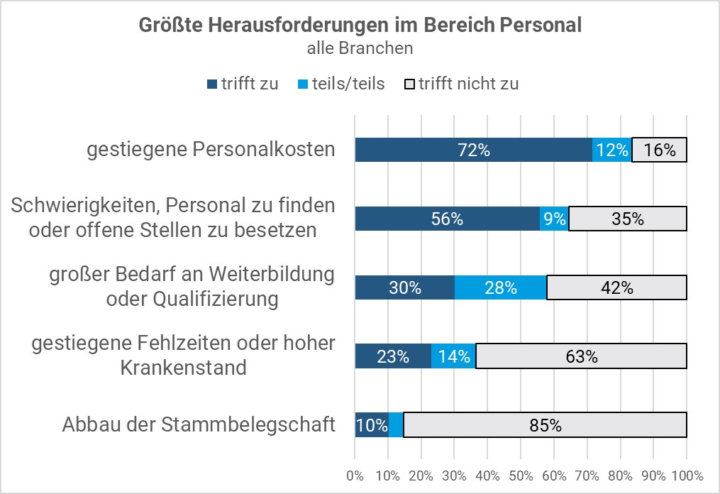 Balkendiagramm zu den größten Herausforderungen im Bereich Personal. Steigende Personalkosten und Schwierigkeiten bei der Personalgewinnung sind die häufigsten Herausforderungen, gefolgt von hohem Weiterbildungsbedarf und hohen Krankenständen